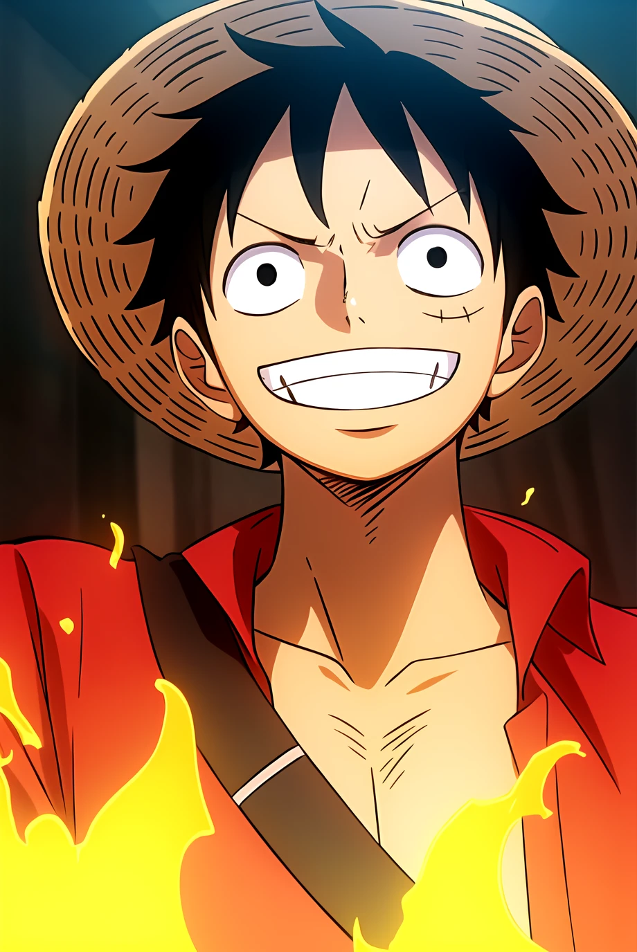 1boy, wanostyle, monkey d luffy, smiling, straw hat, looking at viewer, solo, upper body, ((masterpiece)), (best quality), (extremely detailed), depth of field, sketch, dark intense shadows, sharp focus, soft lighting, hdr, colorful, good composition, fire all around, spectacular, closed shirt, anime screencap, scar under eye, ready to fight, black eyes 