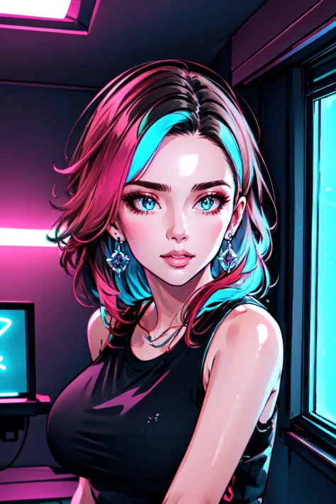 <lora:Kitch_Full:0.4> Transgender Female, Kitch, solo, long hair, large breasts, shirt, jewelry, upper body, earrings, parted lips, indoors, window, night, tank top, clothes writing, neon lights, specular highlights, detailed face, detailed eyes, upper body, portrait