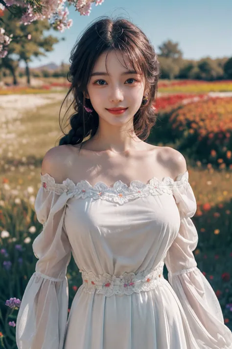 a woman in a white dress standing in a field of flowers