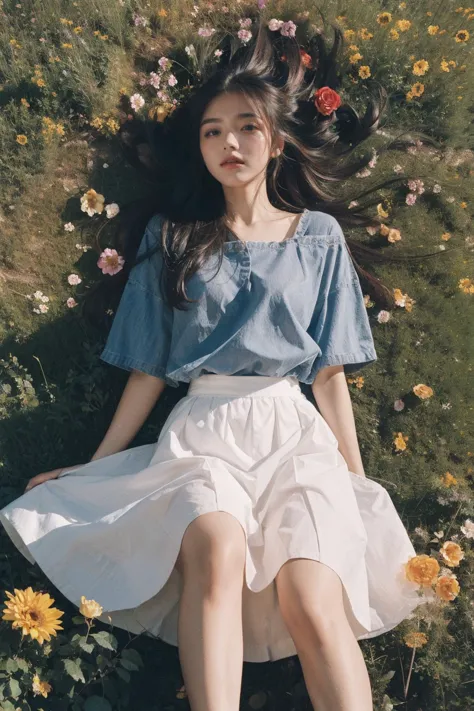 a woman laying on a field of flowers with her hair blowing in the wind