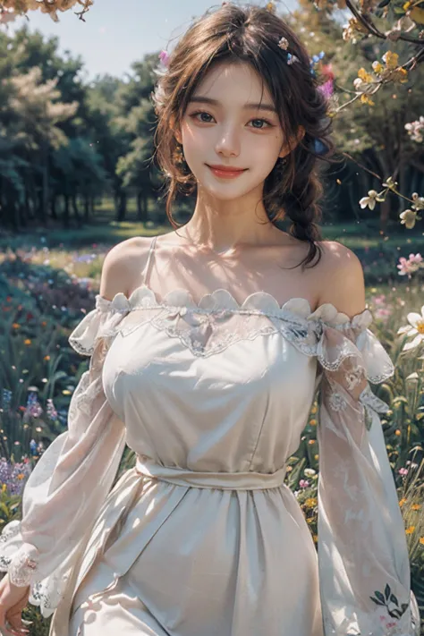 1girl,leogirl,tsurime,solo,(smiling,happy:1.25),(bright red lips,blush:0.8),huge breasts,(sagging breasts:1.2),braids,walking,pose,
(multicolored background,see-though high-waist lace chiffon dress with sleeves,bare shoulders,off shoulder:1.2),(dreamflower,multicolored_background,A melancholic autumn scene in a vast flower field,a gentle breeze rustling through the dry grass,fallen leaves scattered among the flowers,a bittersweet atmosphere,a moment of quiet contemplation,Soft and warm color palette,delicate brushwork,evocative use of light and shadow,subtle details in the wilting flowers,high contrast,color contrast),butterfly,
masterpiece,official art,best quality,high quality,highres,natural light,ray tracing,volumetric light,realistic,photorealistic,ultra highres,vivid,nostalgia,bokeh,