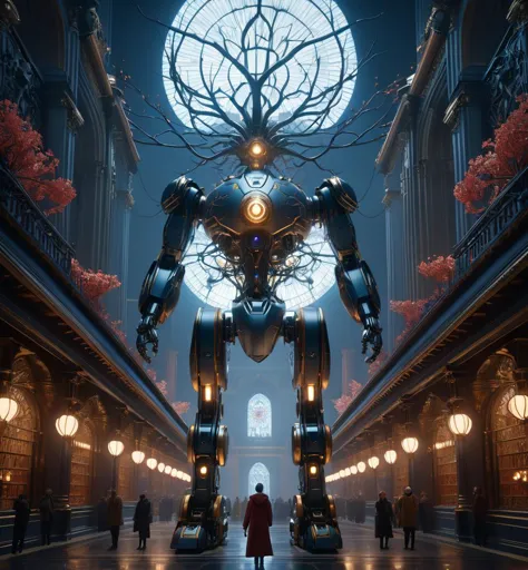 a man in a red coat standing in a large hall with a giant robot