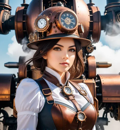 there is a woman wearing a steam - powered hat and a steam - powered machine