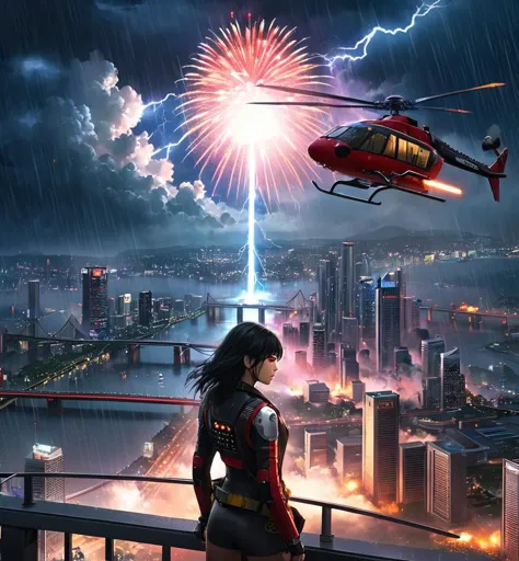 1girl, aircraft, black hair, bridge, building, city, city lights, cityscape, cloud, cyberpunk, cyborg, explosion, fireworks, giant, helicopter, katana, lightning, lights, long hair, night, planet, rain, realistic, red eyes, science fiction, sky, skyline, skyscraper, solo, space craft, star \(sky\), sun, sword, tower, water, weapon