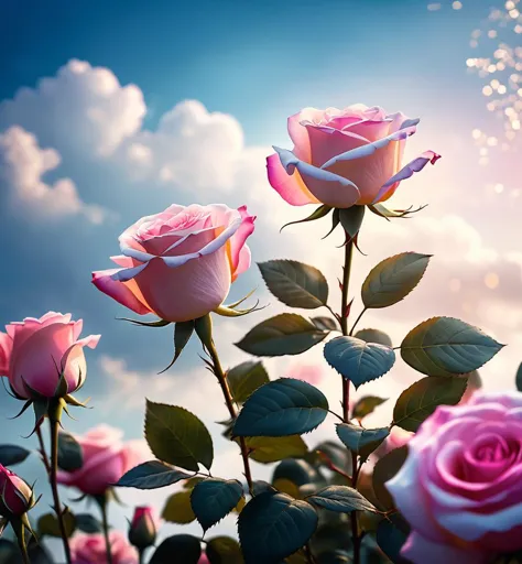 cinematic film still delicate scene, sky,white clouds,and sunlight, pink rose, Magical flowers, blue and pink, beautiful digital painting, translucent roses ornate, . shallow depth of field, vignette, highly detailed, high budget, bokeh, cinemascope, moody, epic, gorgeous, film grain, grainy