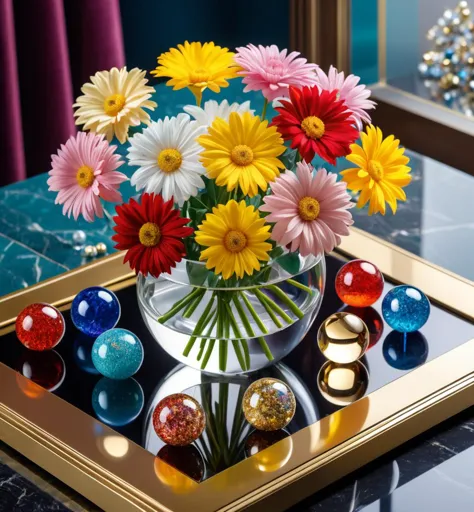 there is a vase of flowers and chocolates on a tray