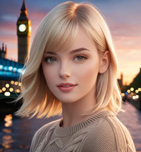 1girl,   Close-up, (beautiful girl, make up), (Age 25), (happy, light blonde hair,  lips, parted bangs, London, England, dusk:1.2), , HD, lens flare, cable knit sweater, pleated skirt, and loafers, looking at viewer, (RAW Photo, cg unity, photography, ultra realistic details, sharp focus, detailed skin,4k, high-res, masterpiece, best quality:1.1), (realistic, photo-realistic:1.37) (8k,4k, UHD, high resolution, professional, cinematic, movie, dramatic, noise), (detailed background:1.25), bokeh anamorphic depth of field blur background