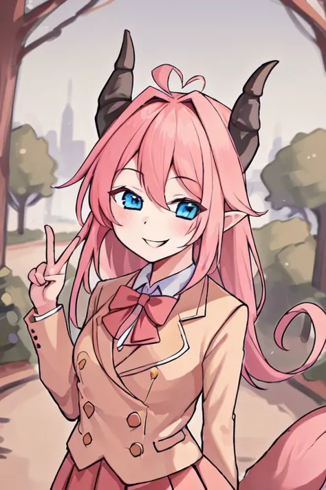 (8k uhd, masterpiece, best quality, high quality, absurdres, ultra-detailed), anime draw style,  1 girl  blue eyes, horns, tail,  , smiling on camera , in beautiful park
