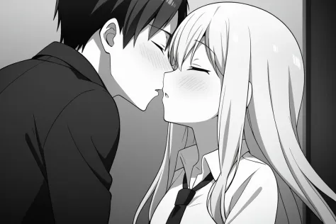 1boy, 1girl, blush, closed_eyes, collared_shirt, couple, greyscale, hetero, kiss, long_hair, monochrome, necktie, shirt, surpris...