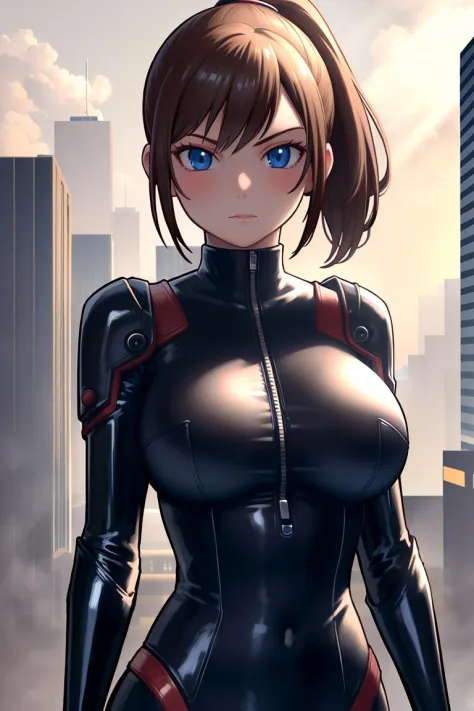 nina bodysuit, 1girl, black bodysuit, low ponytail, latex, large breasts, solo, detailed face, looking at viewer, cowboy shot, upper body, city, cyberpunk, mechanical, night, dark, light rays, (masterpiece:1.2, best quality)