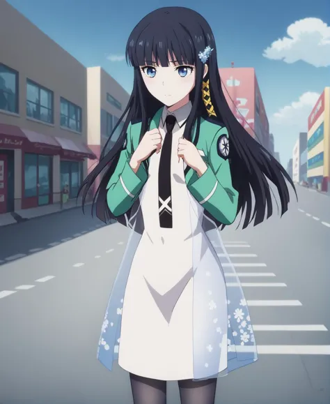 anime girl in uniform standing in the middle of a street