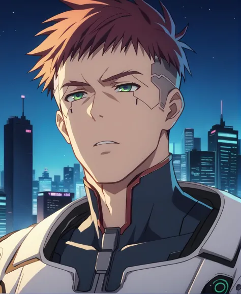 a man with red hair and green eyes stands in front of a city