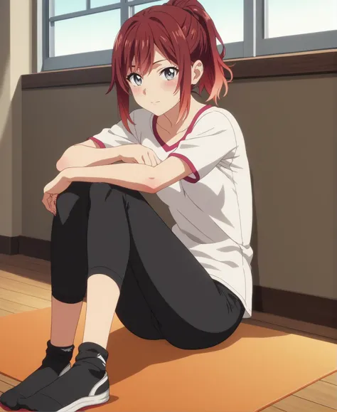 anime girl sitting on a mat in a room with a window