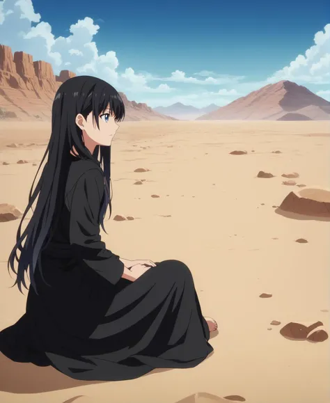 a woman sitting in the desert looking at the sky