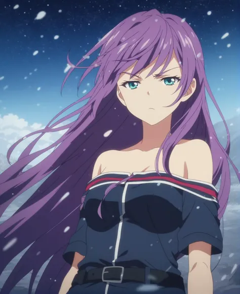 a woman with long purple hair standing in the snow