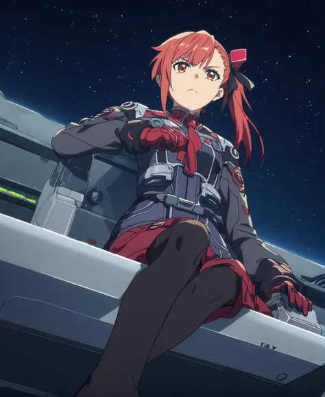 score_9,score_8_up,score_7_up,score_6_up,source anime BREAK, anime screencap,
1girl,solo,cockpit,spaceship,space,science fiction,dark background,piloting,cyberpunk,serious,(spacesuit:0.4),(military uniform:0.5),long sleeves,gloves,dress,sitting,side ponytail,red_hair,amber eyes,hair ribbon,tie,straight-on,from below,particles, no shoes,
 <lora:Anime Screencap_epoch_10:1.2>