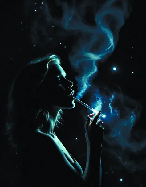 girl smoking,nebula,dark colors,black hole,acrilic paint,digital,detailed,intricate ink,heavenly atmosphere,over detailed,concep...
