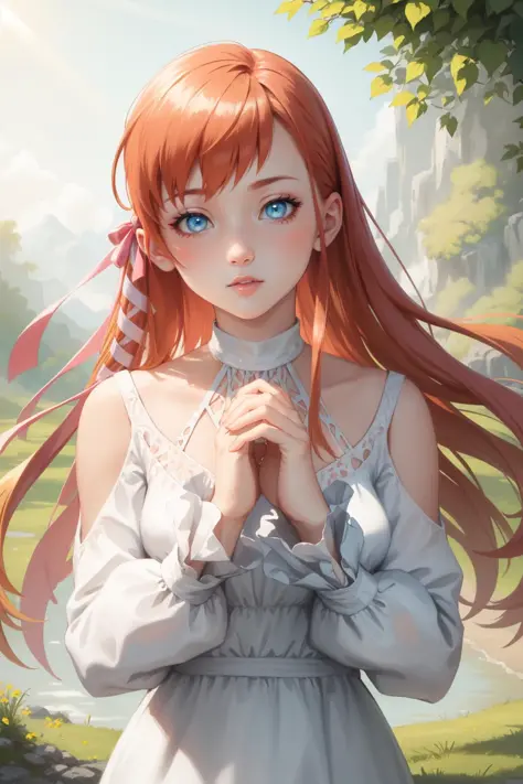 masterpiece, best quality, ryne, hair ribbon, white dress, upper body, looking at viewer, own hands together, sunlight  <lora:ryne-nvwls-v2-000012:0.9>