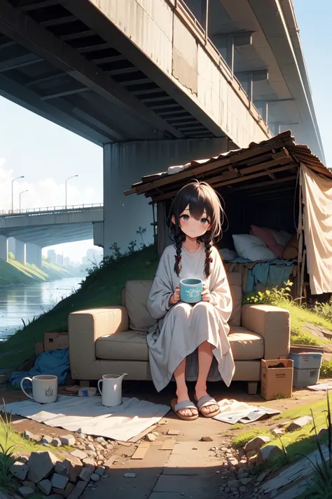 (((masterpiece))), (((best quality))), ((shack under bridge)), ((deep shadow)), ((sitting on sofa)), ((over size clothes)), messy hair, kneel up, empty eyes, no pupil, poor, tired, dirty, tent, weed, cushion, blanket, fog, haze, city, tree, rock, ruin, gravel, stream, riverside, steep slope, corrugated box, animal, ((stray cat)), solo, 1girl, ((hold mug)), slippers, black hair, side braid, slim figure, <lora:50pics_shackunderbridge:0.8>