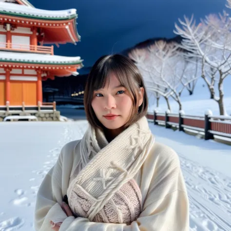 makeup,tattoo,bags under eyes,Half-length close-up,low-cut,short hair, large breasts,Capture a girl in Hokkaido during winter, r...