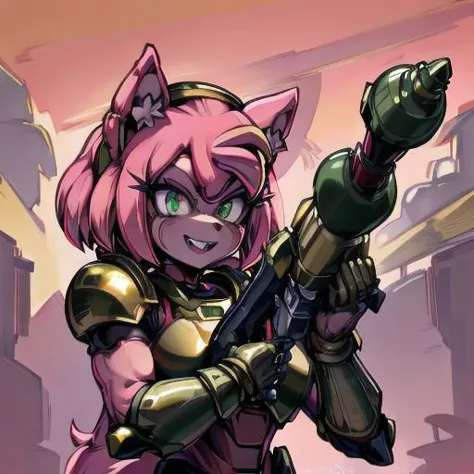 amy rose, furry, solo, 1girl, (evil smile), (evil eyes), green eyes, ((red and gold power armor)), (armor), choker, pink skin, pink hair, long hair, snout, animal nose, animal ears, (holding rpgrenade7 on shoulder), upper body, blood background, detailed background