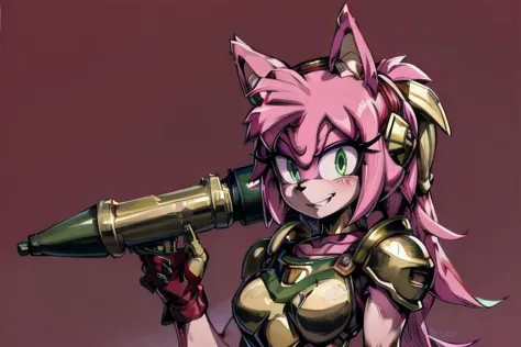 amy rose, furry, solo, 1girl, (evil smile), (evil eyes), green eyes, ((red and gold power armor)), choker, pink skin, pink hair, long hair, snout, animal nose, animal ears, ((holding rpgrenade7 on shoulder)), upper body, simple background