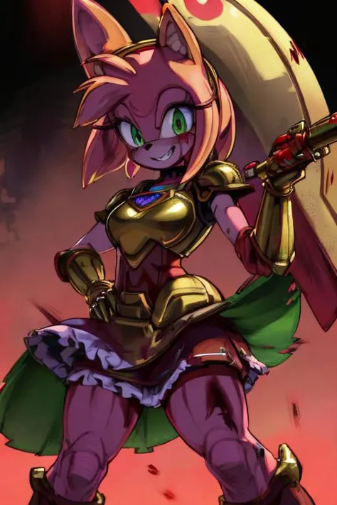 amy rose, furry, solo, 1girl, scary smile, blush, green eyes, glowing eyes, ((red and gold power armor)), armor, skirt, choker, pink skin, snout, animal nose, animal ears, gun, holding gun, standing, (((blood, covered in blood, excessive blood, blood spatter))), (white background)