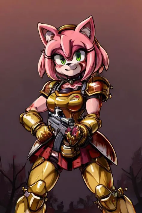 amy rose, furry, solo, 1girl, scary smile, blush, green eyes, glowing eyes, ((red and gold power armor)), armor, skirt, choker, ...