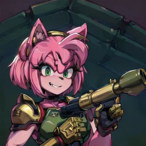 amy rose, furry, solo, 1girl, (evil smile), (evil eyes), green eyes, ((red and gold power armor)), armor, choker, pink skin, pink hair, long hair, snout, animal nose, animal ears, ((holding rpgrenade7 on shoulder)), upper body