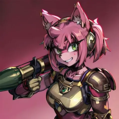 amy rose, furry, solo, 1girl, evil smile, evil smile, green eyes, glowing eyes, ((red and gold power armor)), armor, choker, pink skin, snout, animal nose, animal ears, ((holding rpgrenade7)), upper body, (white background)