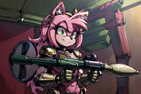 amy rose, furry, solo, 1girl, (evil smile), (evil eyes), green eyes, ((red and gold power armor)), (armor), choker, pink skin, pink hair, long hair, snout, animal nose, animal ears, ((holding rpgrenade7 on shoulder)), upper body, blood background, detailed background