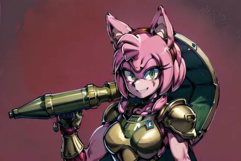 amy rose, furry, solo, 1girl, (evil smile), (evil eyes), green eyes, ((red and gold power armor)), (armor), choker, pink skin, pink hair, long hair, snout, animal nose, animal ears, ((holding rpgrenade7 on shoulder)), upper body, blood background, detailed background