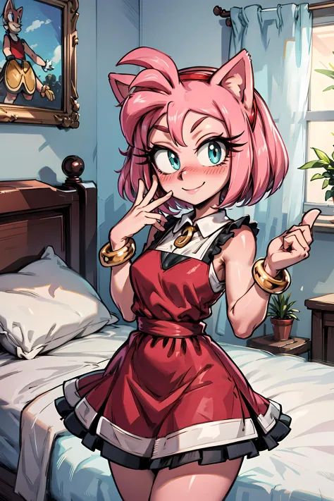 <lora:AmyRose_v2_Retrain:0.9> amy rose, hairy forehead, 1girl, solo, dress, pink skin, looking at viewer, smile, detailed eyes, cowboy shot, indoors, bed, pillow, hand up, nose blush