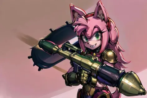 amy rose, furry, solo, 1girl, (evil smile), (evil eyes), green eyes, ((red and gold power armor)), choker, pink skin, pink hair, long hair, snout, animal nose, animal ears, ((holding rpgrenade7 on shoulder)), upper body, simple background