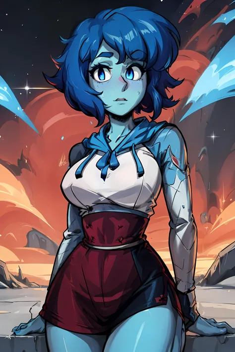 a cartoon image of a woman with blue hair and a red skirt