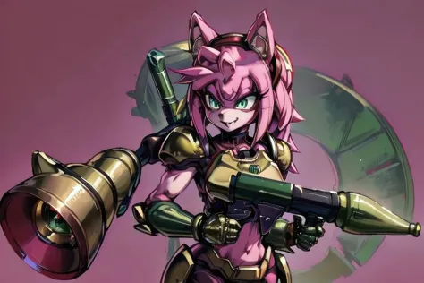 amy rose, furry, solo, 1girl, (evil smile), (evil eyes), green eyes, ((red and gold power armor)), (armor), choker, pink skin, pink hair, long hair, snout, animal nose, animal ears, ((holding rpgrenade7 on shoulder)), upper body, blood background, detailed background