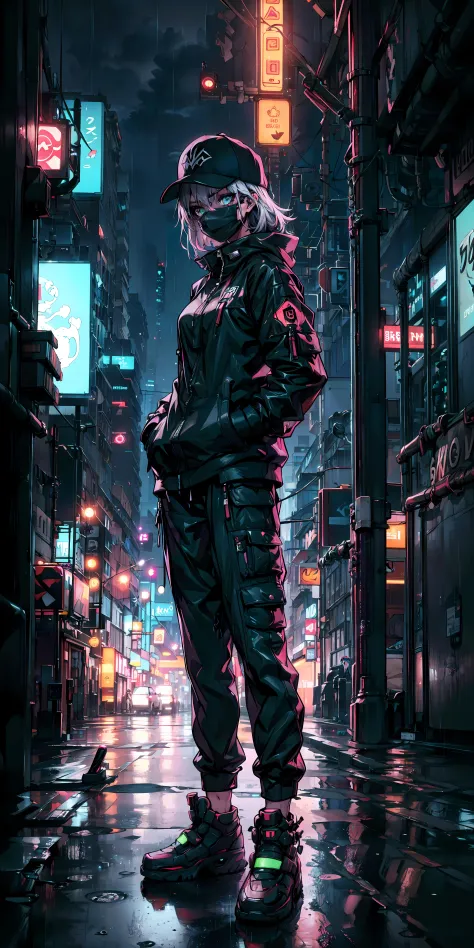 1girl,night city,rain,hands in pockets, full body, cyberpunk, moody lighting, cityscape, neon lights, baseball cap, neon futuris...
