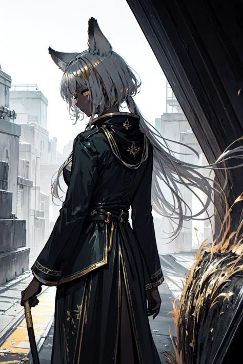 anime girl in black outfit with sword standing in a city