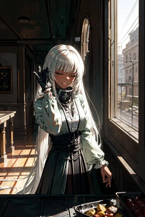 anime character dressed in long white hair standing in front of a window