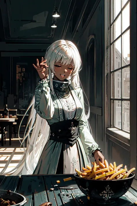 (masterpiece, 8k, natural lighting, soft lighting, sunlight,:1.3) HDR (High Dynamic Range), Maximum Clarity And Sharpness, Multi-Layered Textures,
(1girl, charonlora,dark skin ,silver very long hair,:1.3) ,salting a giant french fries dish, (((laughing:1.15))), cinematic lighting, film grain,pigtail hair ,perfect detail hands,perfect detail fingers,  <lora:SaltBaeMeme:0.8> SaltBaeMeme, salt, <lora:Charon576V1:0.8>