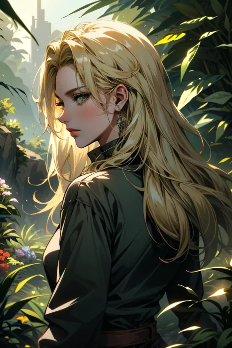 a woman with long blonde hair standing in a forest