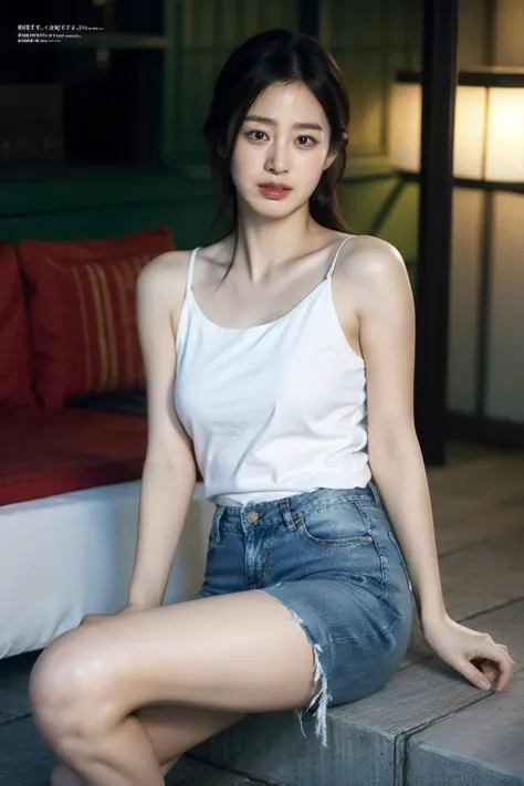 a woman sitting on a step with a white tank top and blue denim skirt