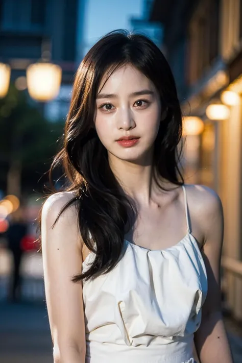 a close up of a woman in a white dress standing on a street