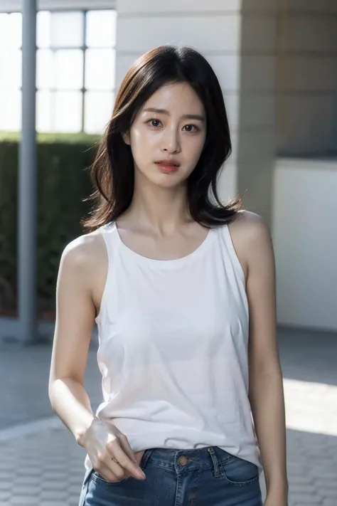 (realistic), (hyperrealism),best quality, masterpiece,ultra high res, (photorealistic:1.4),1girl,(looking at viewer:1.2),1girl, solo, realistic, looking at viewer, parted lips,  short jeans, tanktop,
,    <lora:makina69_kimtaehee_v1.0:1>