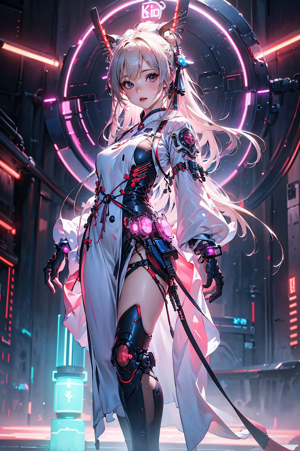 1 girl solo, perfect_hand, (8k, RAW photo, best quality, masterpiece:1.2), (realistic, photo-realistic:1.4), (extremely detailed CG unity 8k wallpaper),full body, (neon lights:1.2), machop, mechanical arms,mecha, hanfu, Chinese clothes, dress,