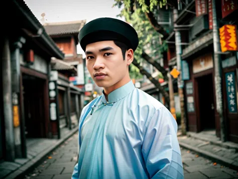 arafed asian man in a blue shirt and black hat standing in a narrow alleyway