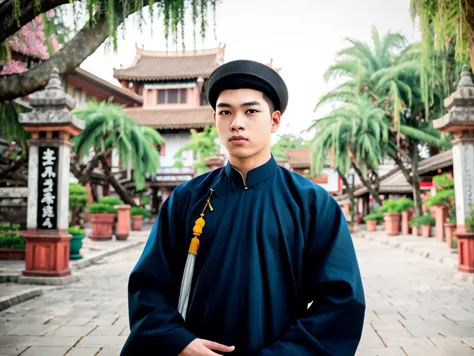 arafed asian man in traditional clothing standing in a courtyard