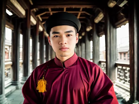 arafed asian man in a red shirt and black hat