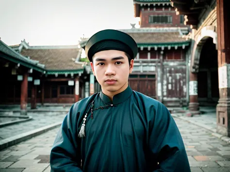 arafed man in a black hat and green shirt standing in front of a building