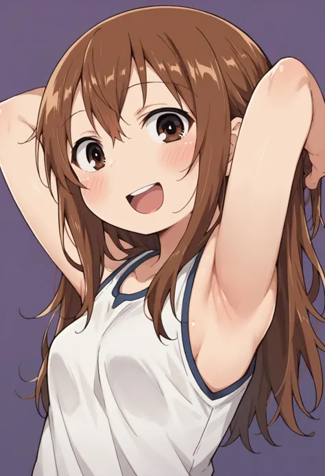 score_9, score_8_up, score_8, source_anime, 1girl, <lora:Miyashita:0.8> solo, brown hair, brown eyes, white shirt, sleeveless, loose hair, long hair, looking at viewer, happy, blush, armpit,
violet background, simple background,